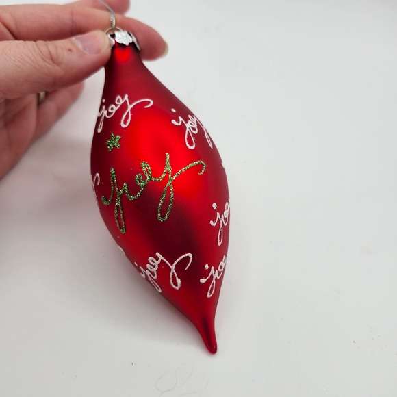 Red Glass Teardrop Christmas Ornament White Script Joy Glitter Accent Holiday - Picture 2 of 3